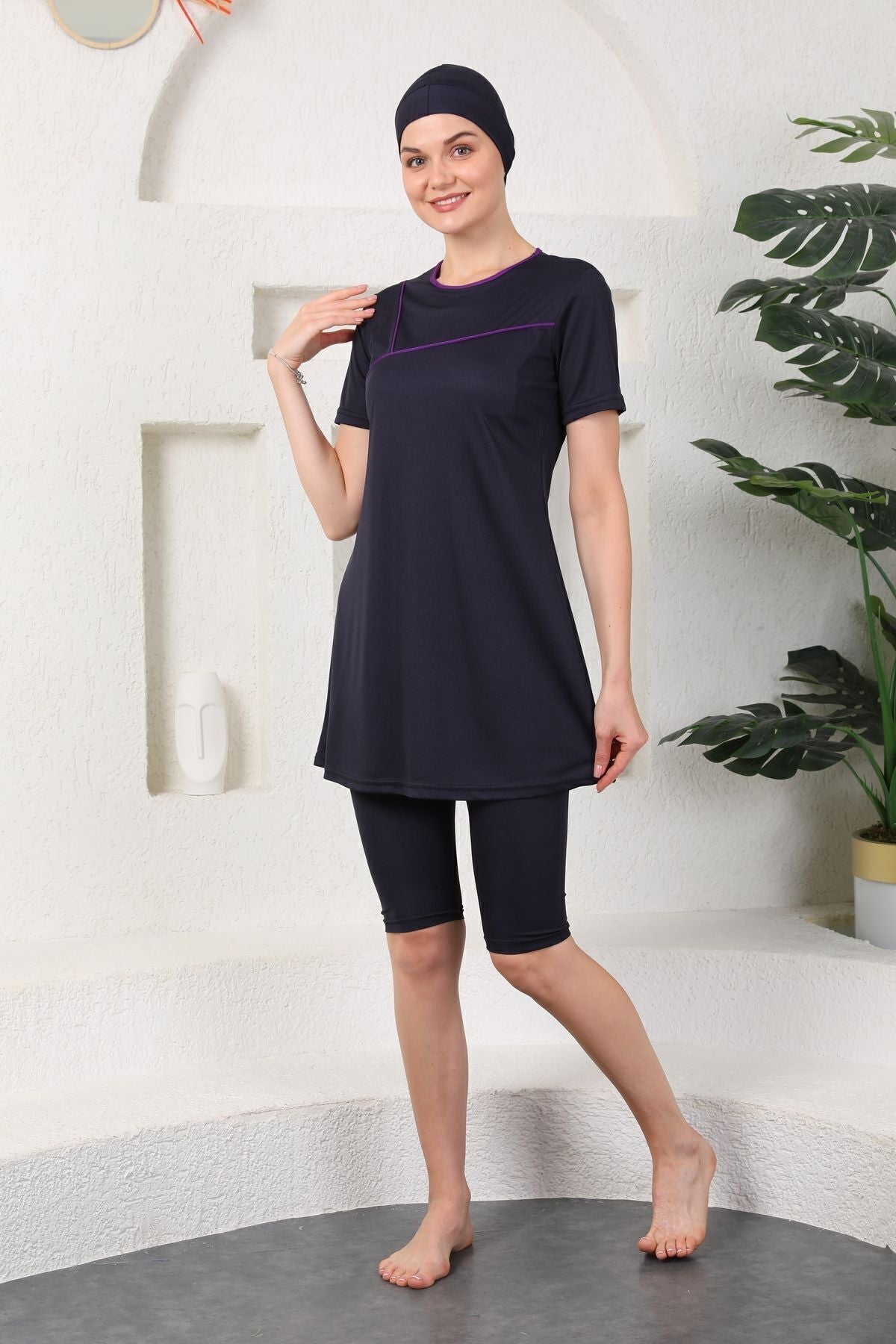 Semi Covered Hijab Swimsuit Navy Blue - MALLTURK