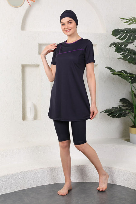 Semi Covered Hijab Swimsuit Navy Blue - MALLTURK