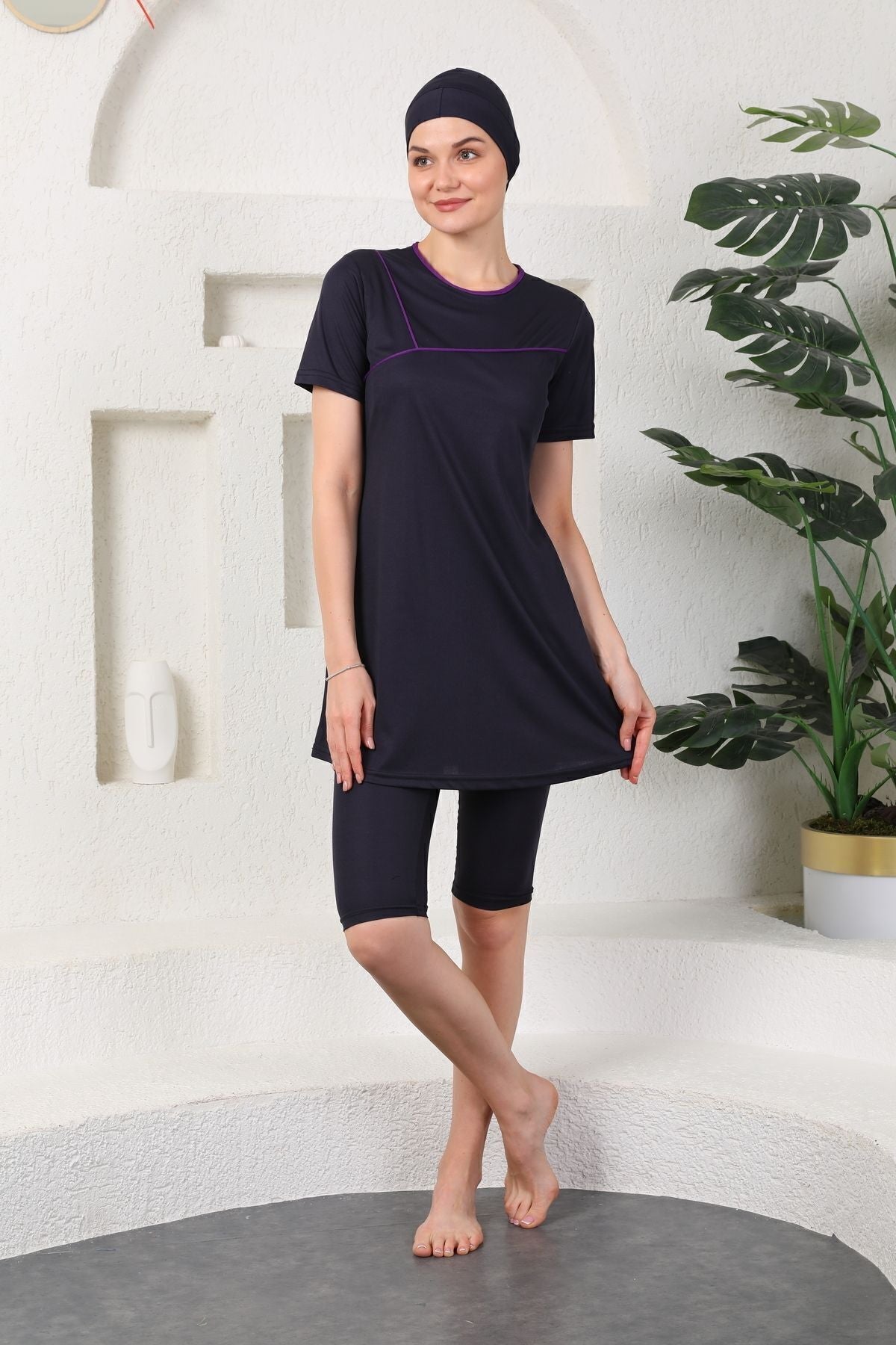 Semi Covered Hijab Swimsuit Navy Blue - MALLTURK