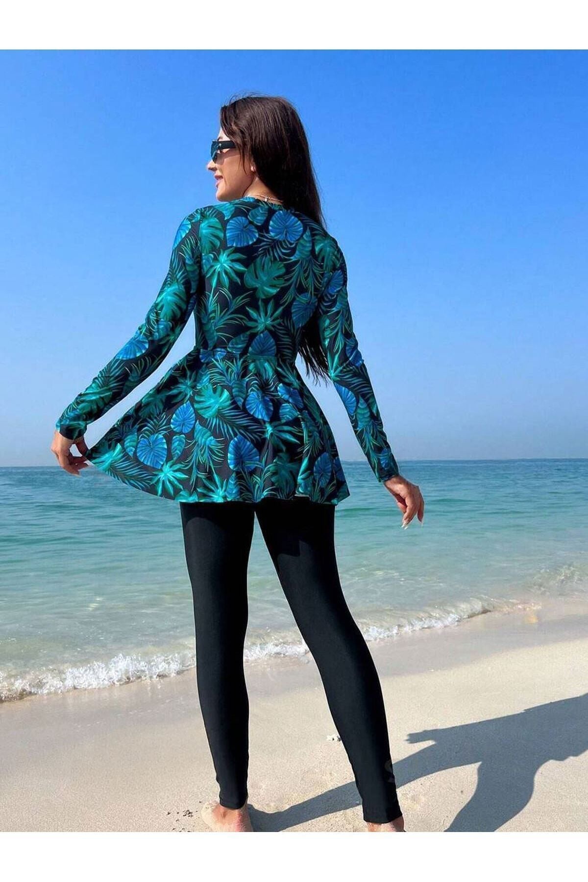Semi-Covered Hijab Swimsuit with Leggings and Zipper Green - MALLTURK