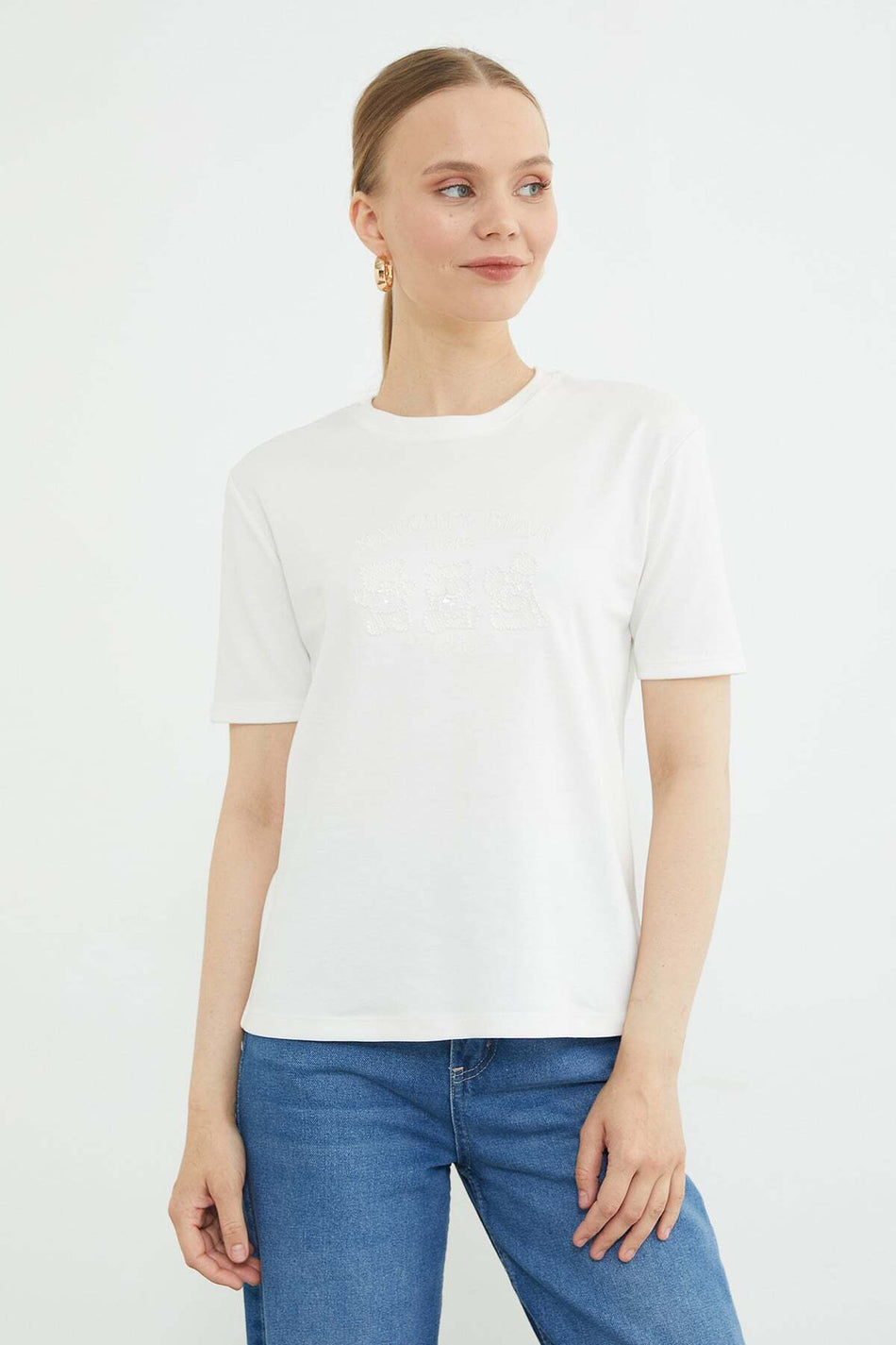 Sequin Teddy Bear Embroidered Crew Neck T-Shirt - MALLTURK