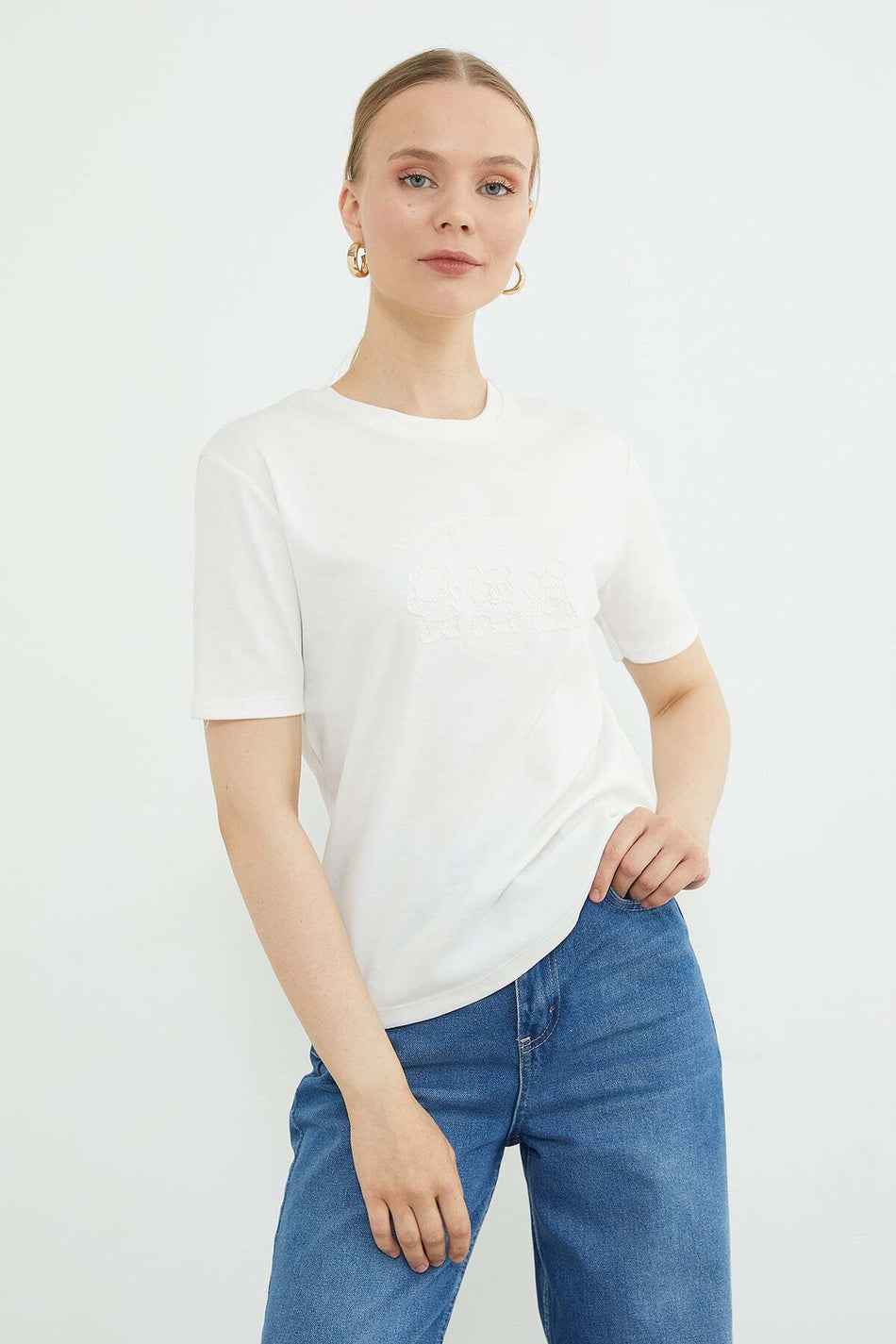 Sequin Teddy Bear Embroidered Crew Neck T-Shirt - MALLTURK