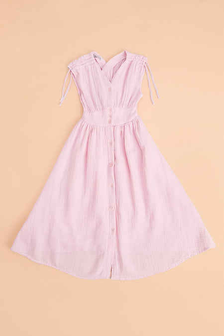 Shoulder-Tie Buttoned Girls' Muslin Dress - MALLTURK