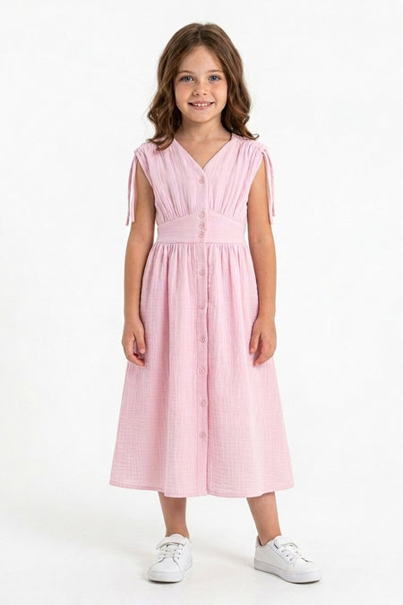 Shoulder-Tie Buttoned Girls' Muslin Dress - MALLTURK