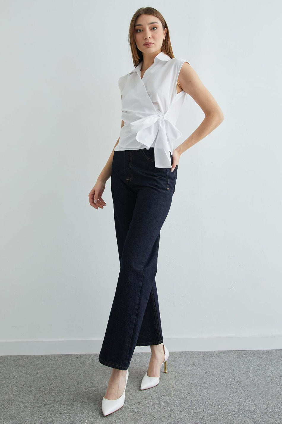 Side Tie Draped Double-Breasted Collared Shirt - MALLTURK