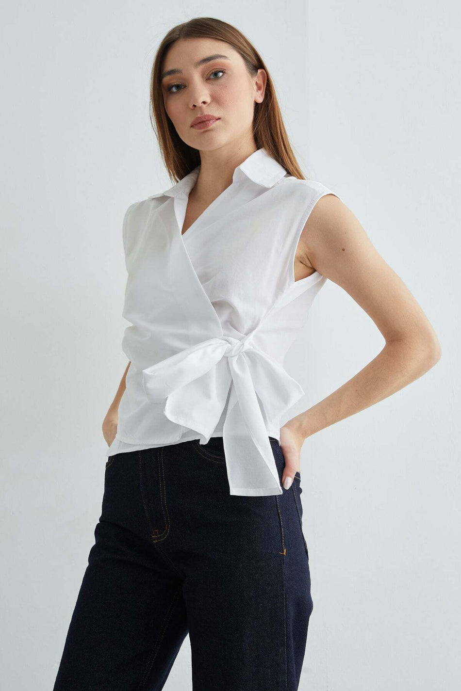 Side Tie Draped Double-Breasted Collared Shirt - MALLTURK