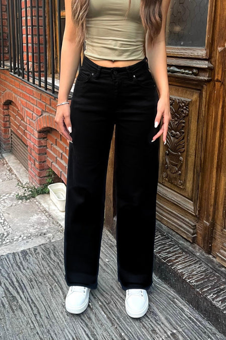 Siyah Yüksek Bel Wide Leg Jeans - MALLTURK