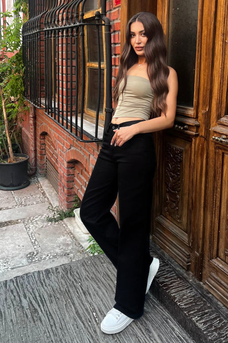 Siyah Yüksek Bel Wide Leg Jeans - MALLTURK