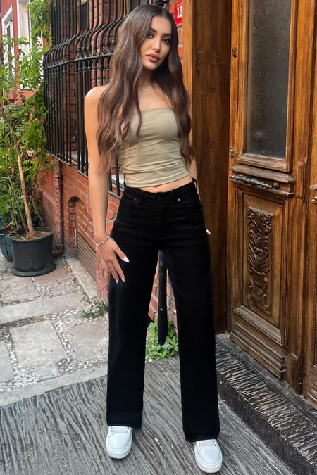 Siyah Yüksek Bel Wide Leg Jeans - MALLTURK