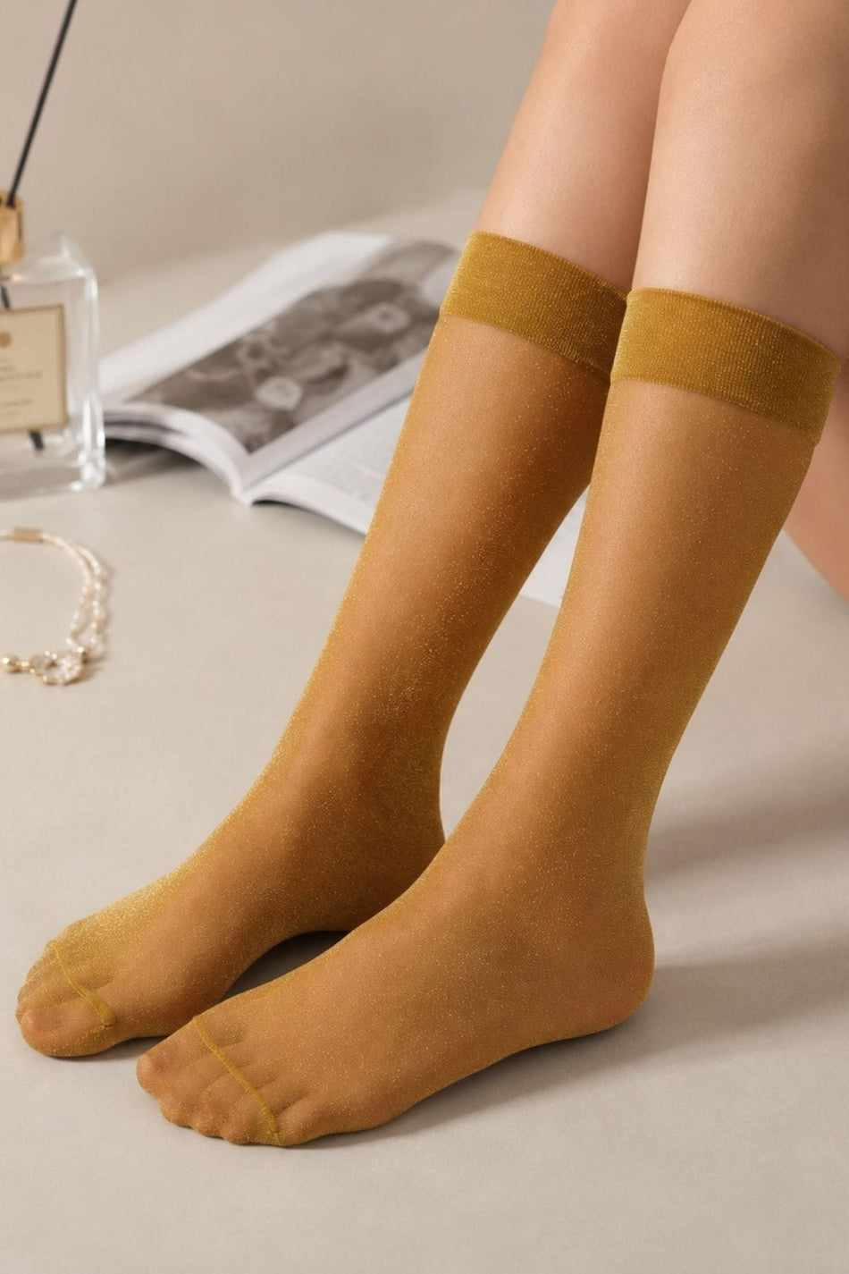 Skin Color Glittery Knee-Length Thin Socks - MALLTURK