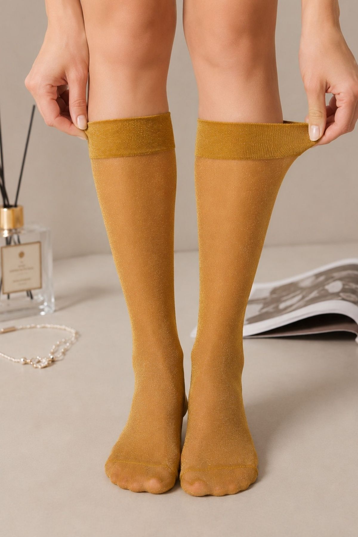 Skin Color Glittery Knee-Length Thin Socks - MALLTURK