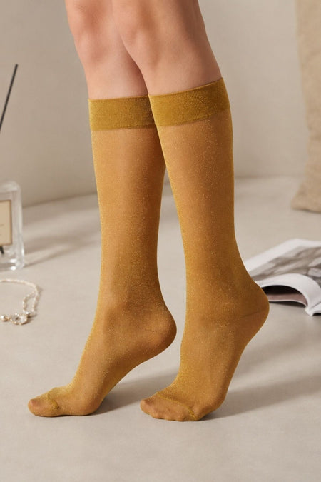 Skin Color Glittery Knee-Length Thin Socks - MALLTURK