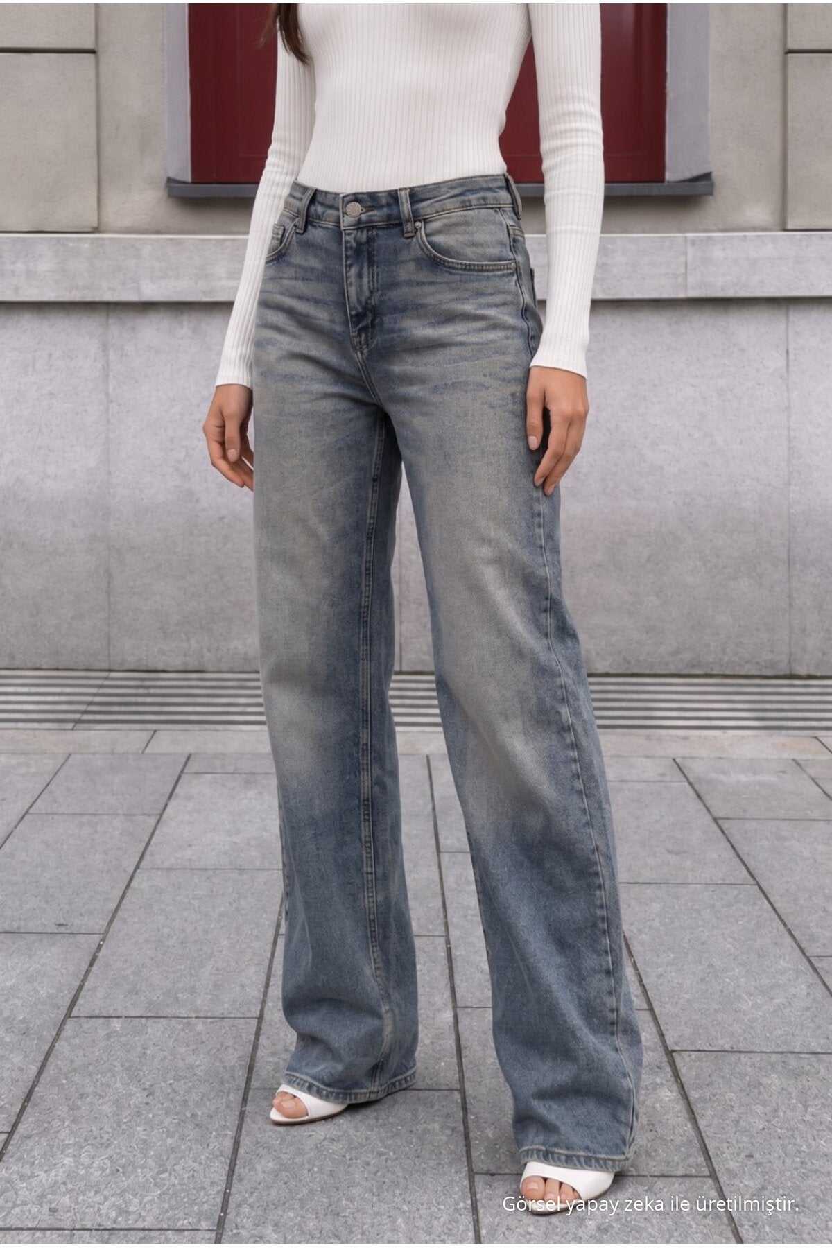 Sky Blue Pale Effect Vintage High Waist Wide Leg Jeans with Lycra - MALLTURK