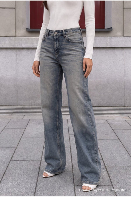 Sky Blue Pale Effect Vintage High Waist Wide Leg Jeans with Lycra - MALLTURK
