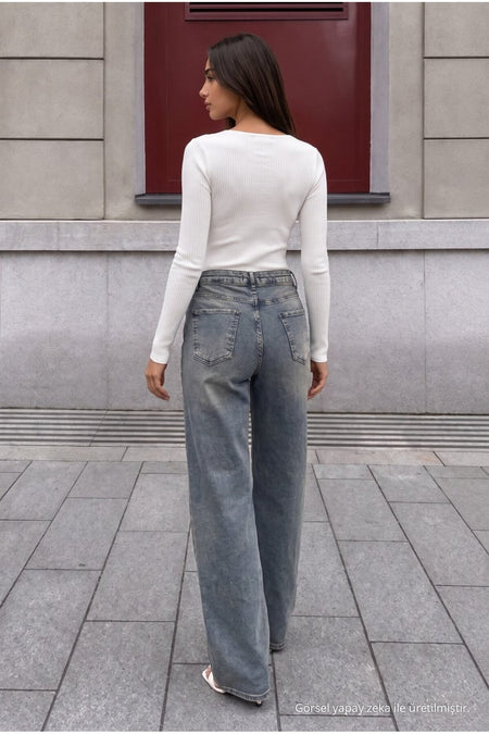 Sky Blue Pale Effect Vintage High Waist Wide Leg Jeans with Lycra - MALLTURK