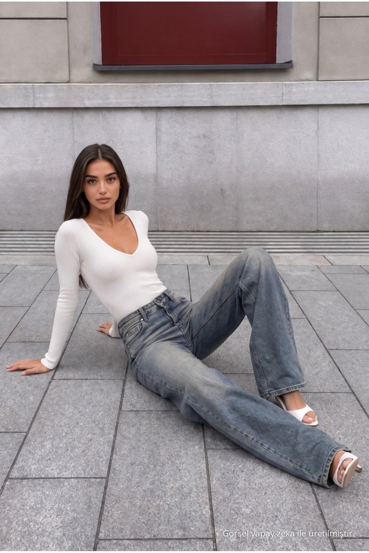 Sky Blue Pale Effect Vintage High Waist Wide Leg Jeans with Lycra - MALLTURK