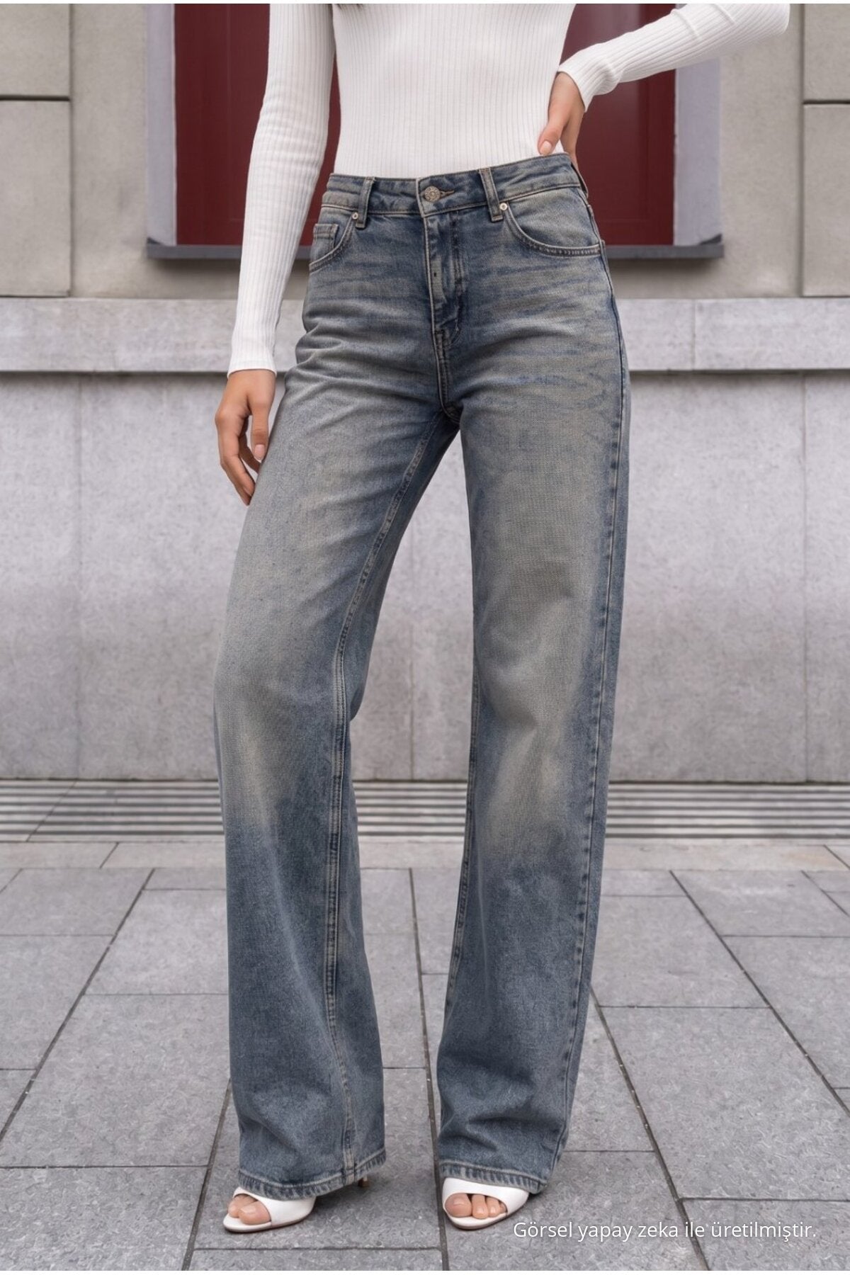 Sky Blue Pale Effect Vintage High Waist Wide Leg Jeans with Lycra - MALLTURK