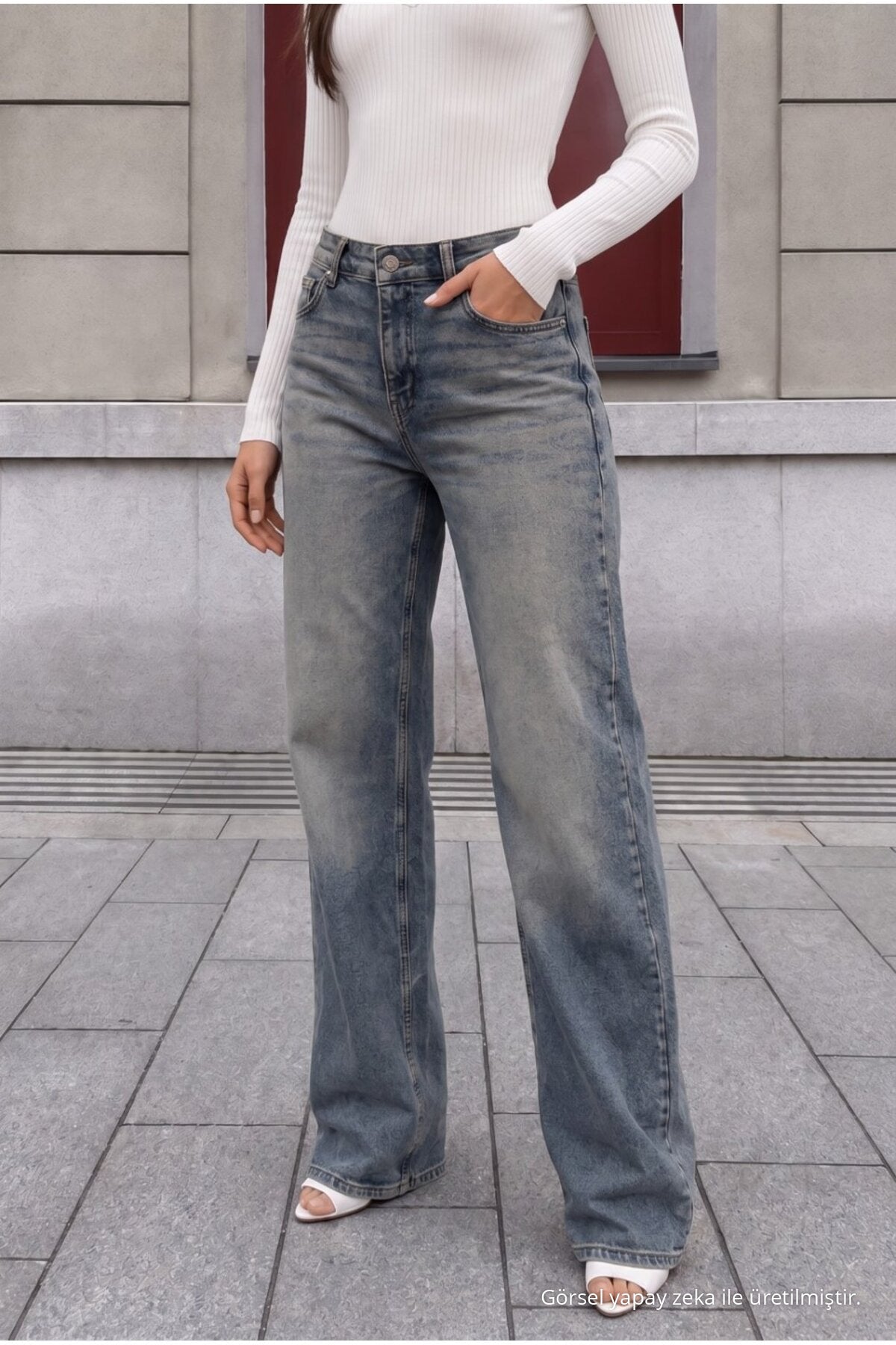 Sky Blue Pale Effect Vintage High Waist Wide Leg Jeans with Lycra - MALLTURK