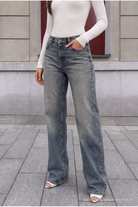 Sky Blue Pale Effect Vintage High Waist Wide Leg Jeans with Lycra - MALLTURK