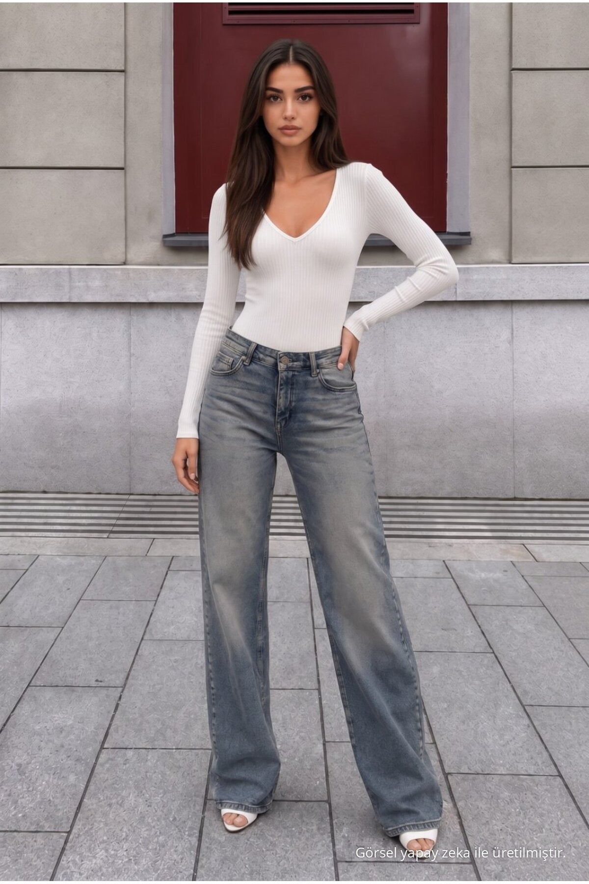 Sky Blue Pale Effect Vintage High Waist Wide Leg Jeans with Lycra - MALLTURK