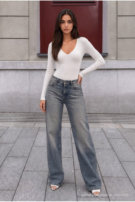Sky Blue Pale Effect Vintage High Waist Wide Leg Jeans with Lycra - MALLTURK