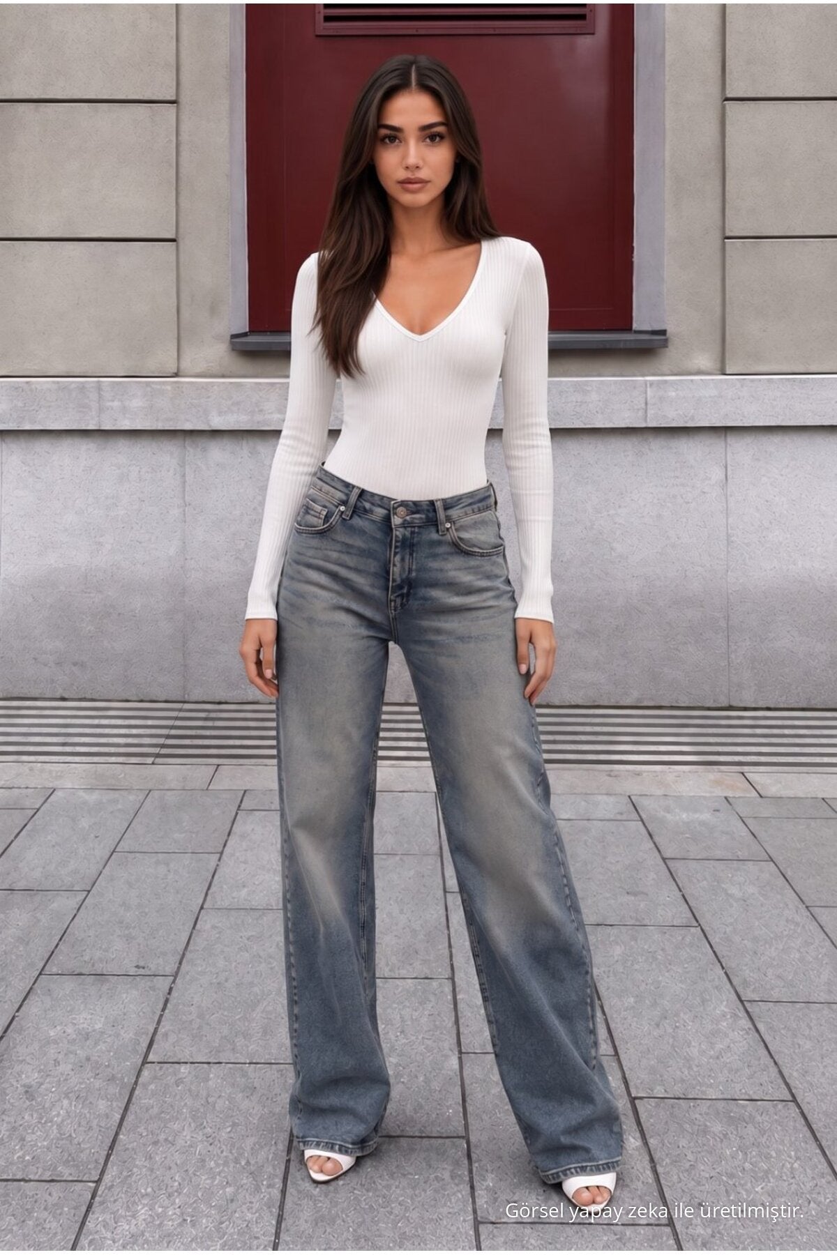 Sky Blue Pale Effect Vintage High Waist Wide Leg Jeans with Lycra - MALLTURK