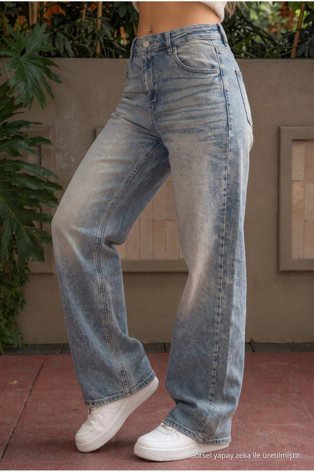 Sky Blue Vintage High Waist Wide Leg Jeans with Lycra - MALLTURK