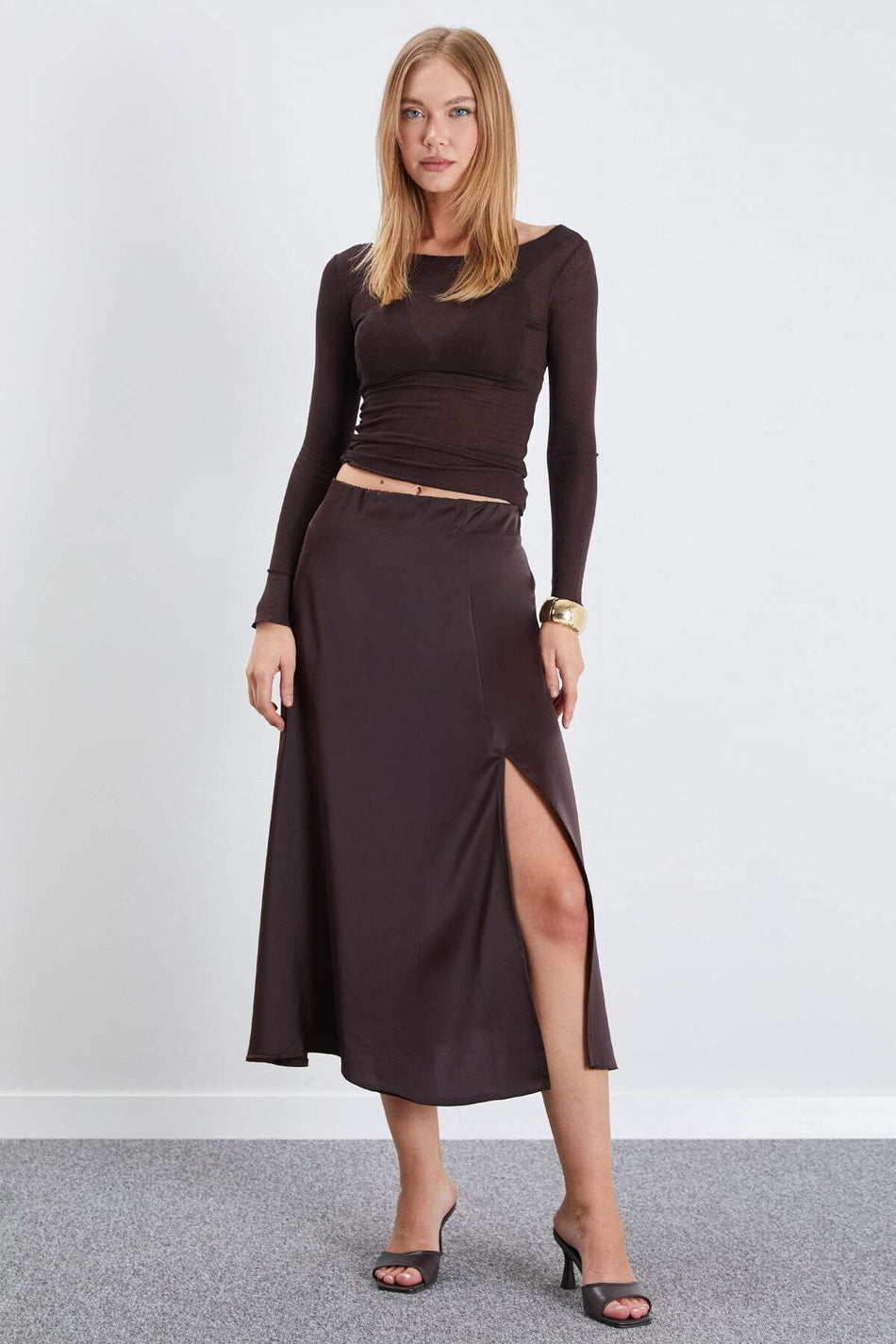 Slit Maxi Length Satin Skirt - MALLTURK