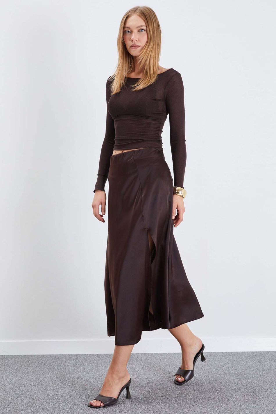 Slit Maxi Length Satin Skirt - MALLTURK