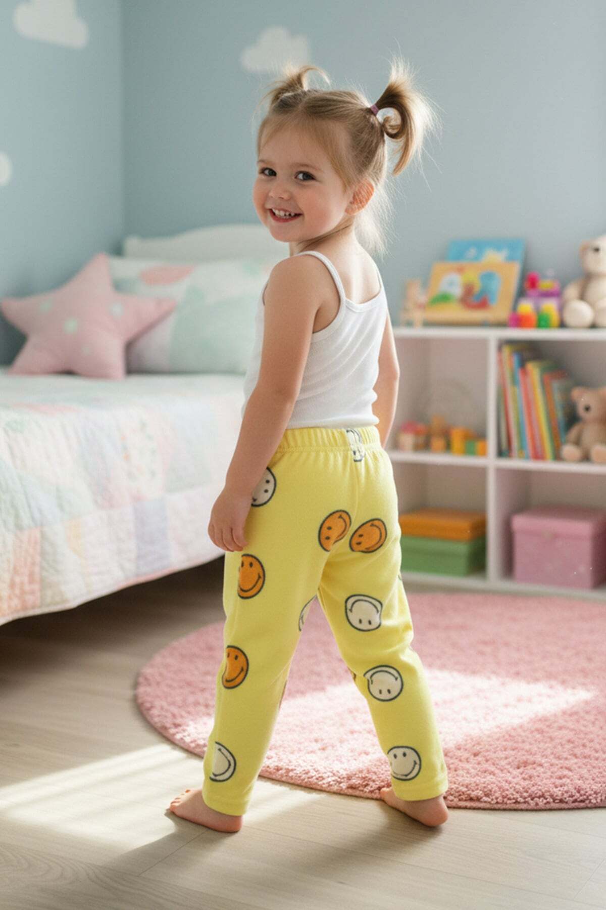 Smiling Face Patterned Fleece Unisex Children's Pajama Bottoms - MALLTURK