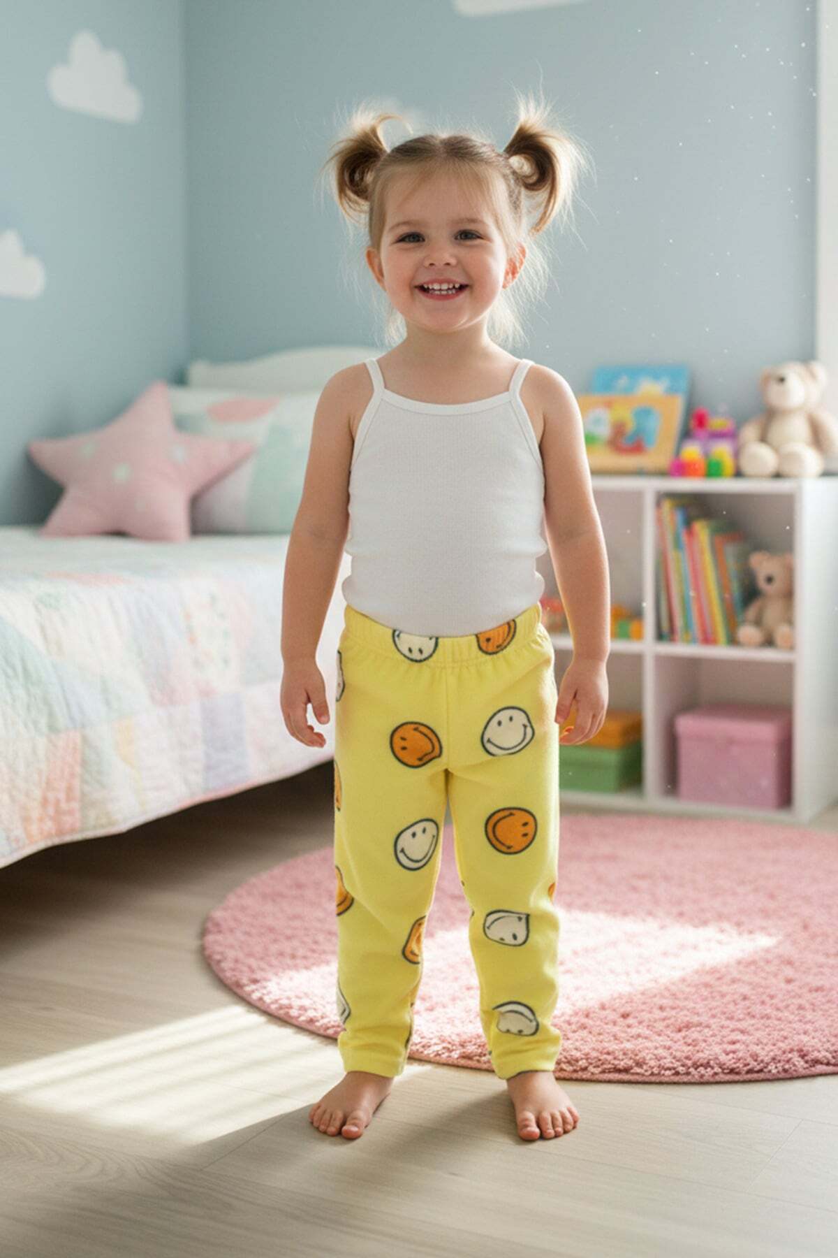 Smiling Face Patterned Fleece Unisex Children's Pajama Bottoms - MALLTURK