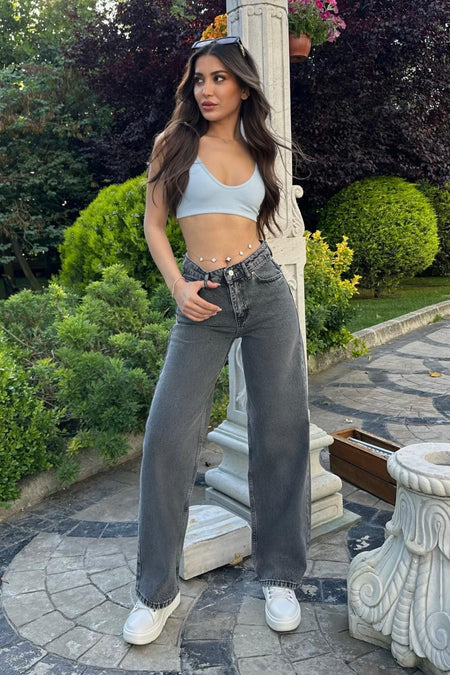 Smoke Grey High-Waisted Wide-Leg Jeans - MALLTURK