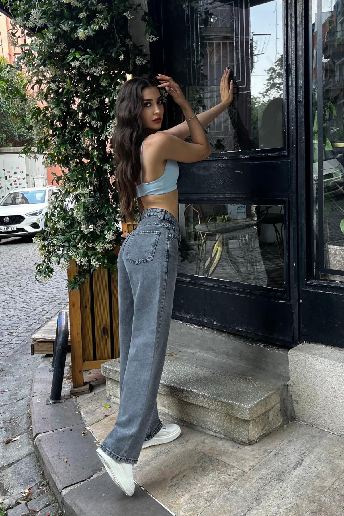 Smoke Grey High-Waisted Wide-Leg Jeans - MALLTURK