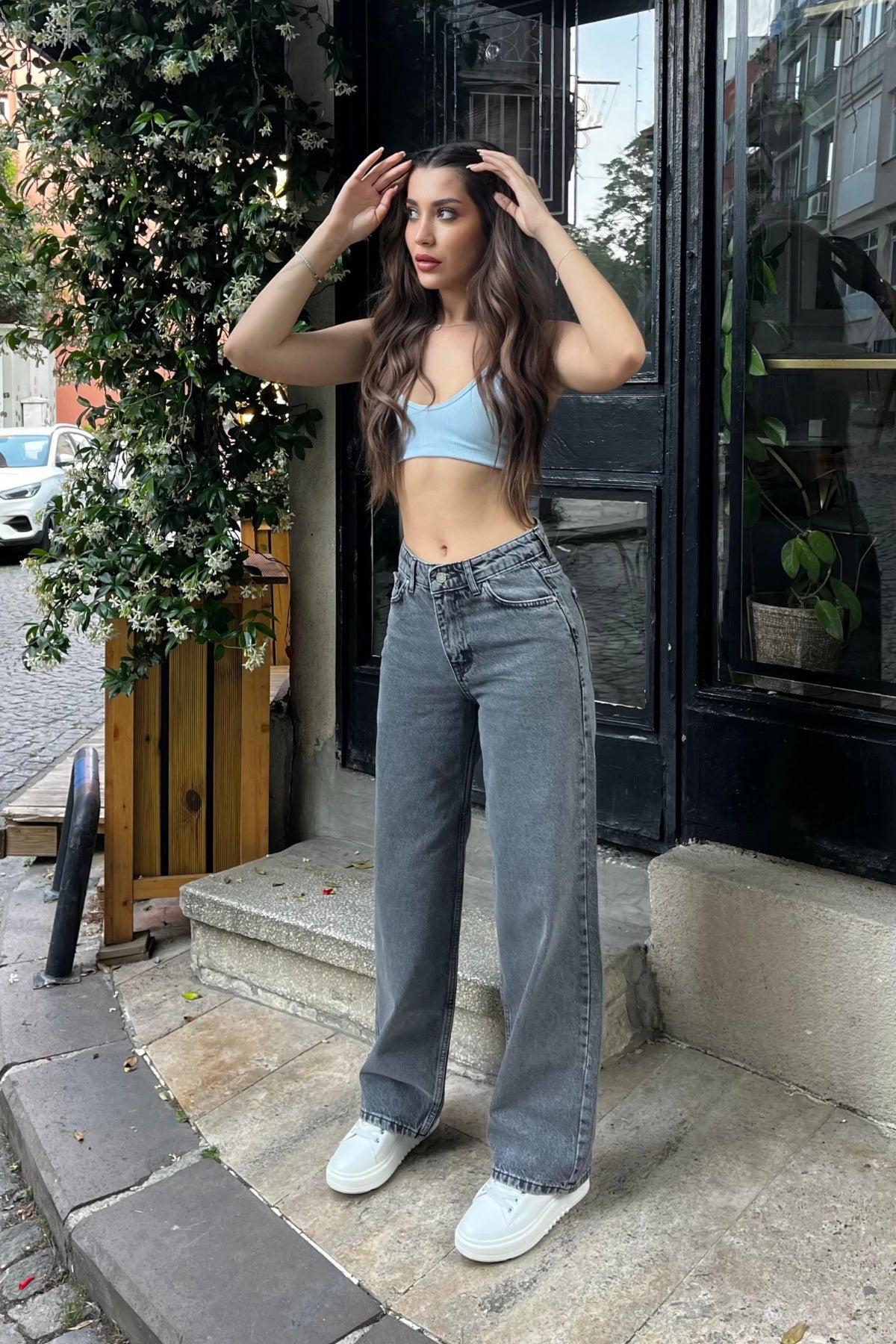 Smoke Grey High-Waisted Wide-Leg Jeans - MALLTURK