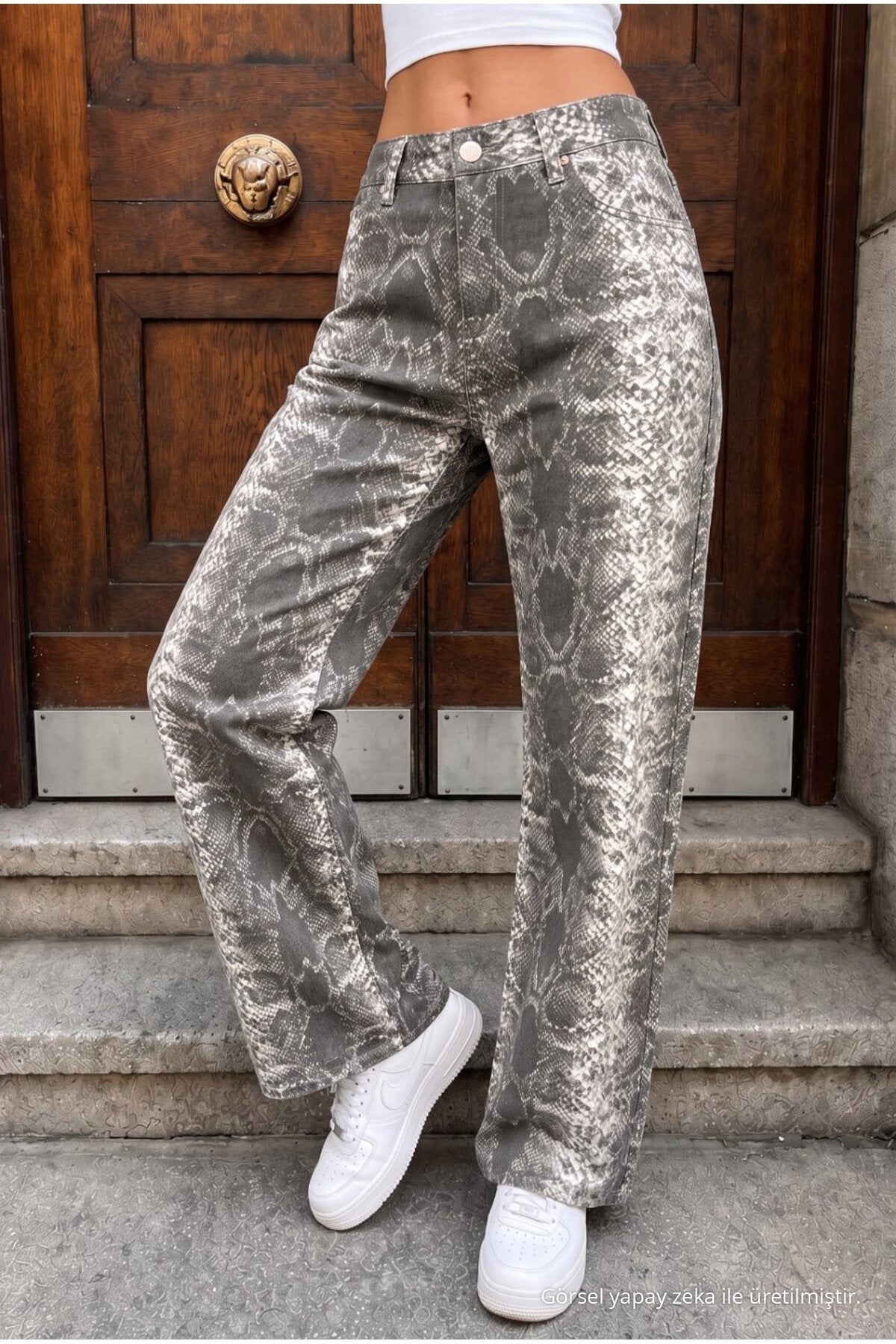 Snake Pattern High Waist Wide Leg Lycra Palazzo Jeans Smoke Grey - MALLTURK