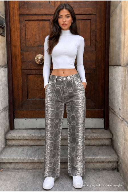 Snake Pattern High Waist Wide Leg Lycra Palazzo Jeans Smoke Grey - MALLTURK