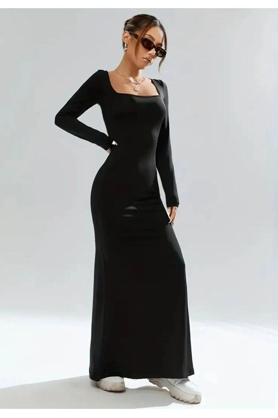 Square Neck Black Long Sleeve Bodysuit Lycra Custom Fabric Maxi Dress - MALLTURK