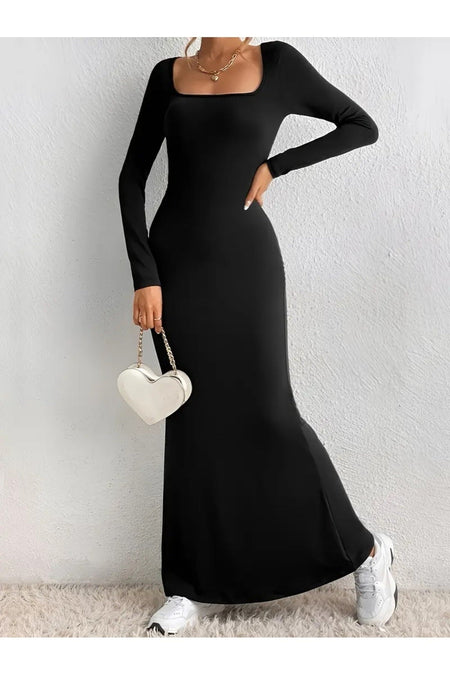 Square Neck Black Long Sleeve Bodysuit Lycra Custom Fabric Maxi Dress - MALLTURK