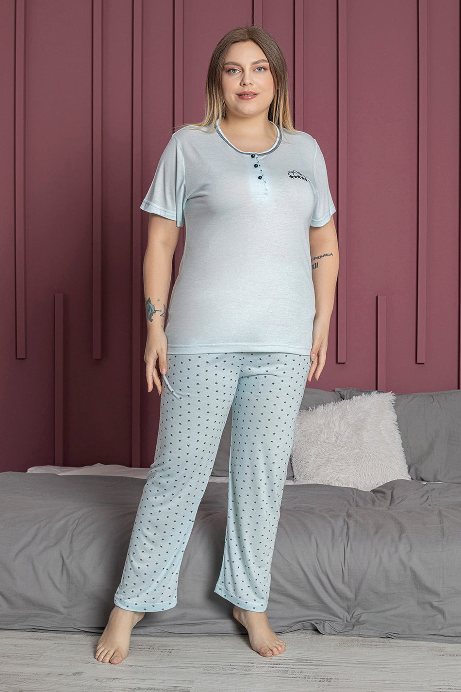 Star Patterned Large Size Pajama Set - MALLTURK