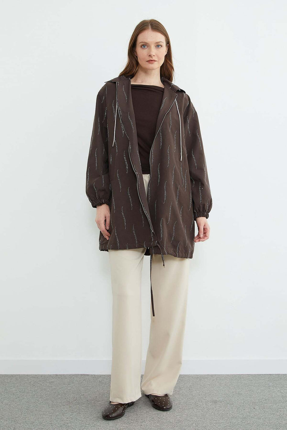 Stone Detailed Hooded Zipper Trench Coat - MALLTURK