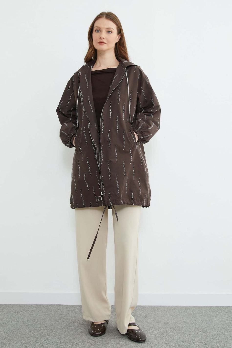Stone Detailed Hooded Zipper Trench Coat - MALLTURK