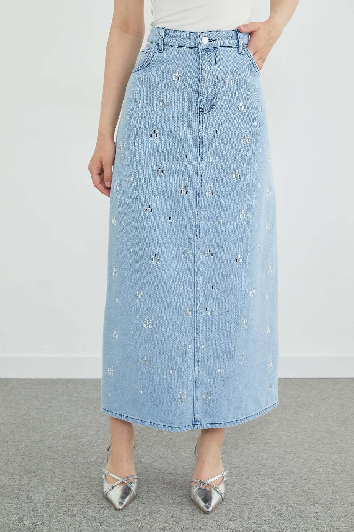 Stone Detailed Pocketed Jean Skirt - MALLTURK