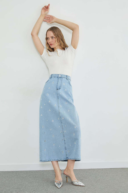 Stone Detailed Pocketed Jean Skirt - MALLTURK