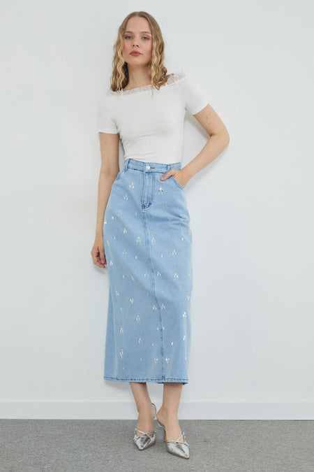 Stone Detailed Pocketed Jean Skirt - MALLTURK
