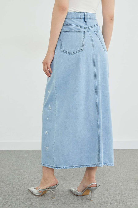 Stone Detailed Pocketed Jean Skirt - MALLTURK