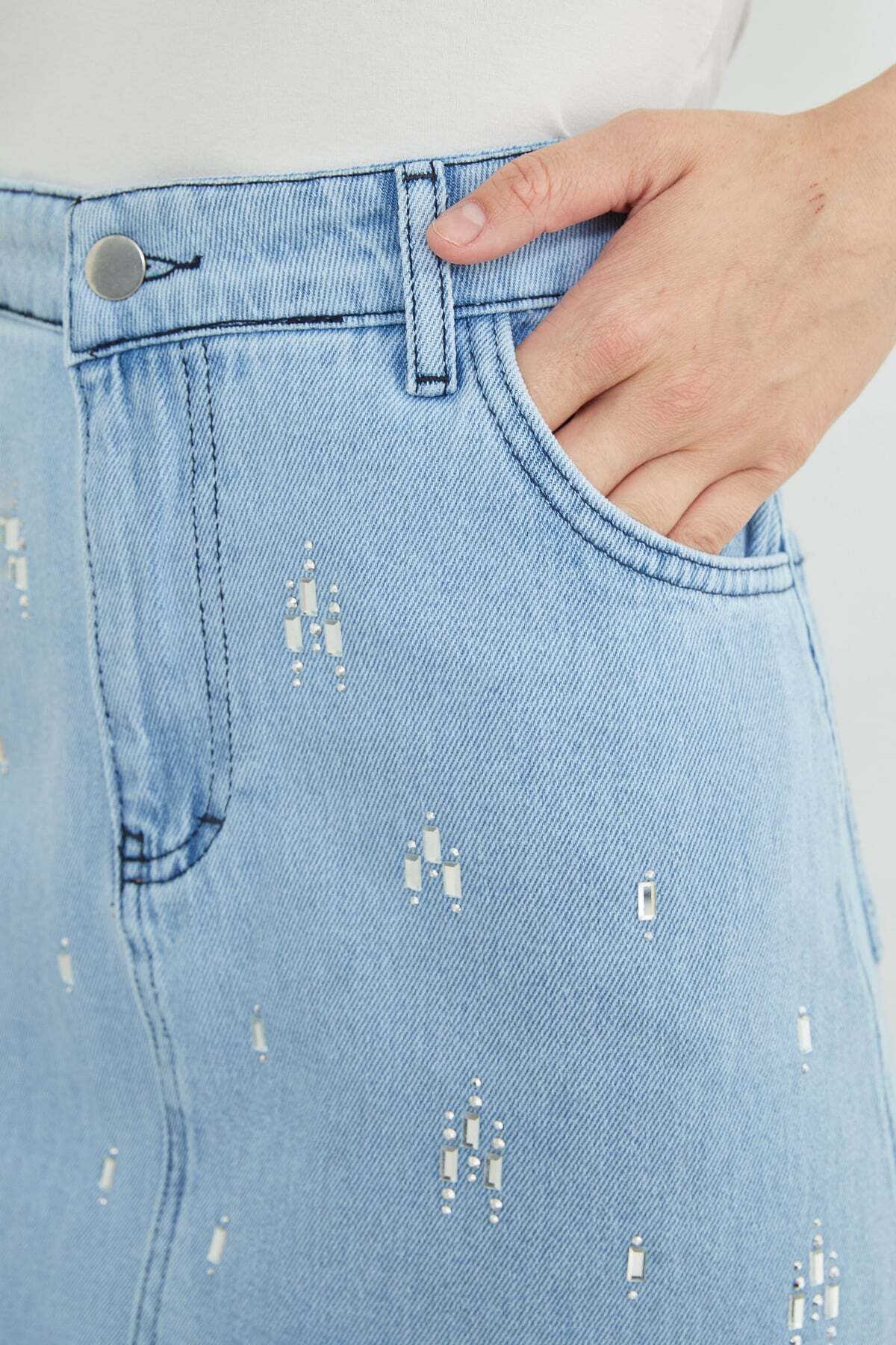 Stone Detailed Pocketed Jean Skirt - MALLTURK