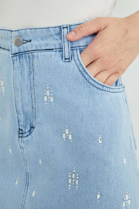 Stone Detailed Pocketed Jean Skirt - MALLTURK