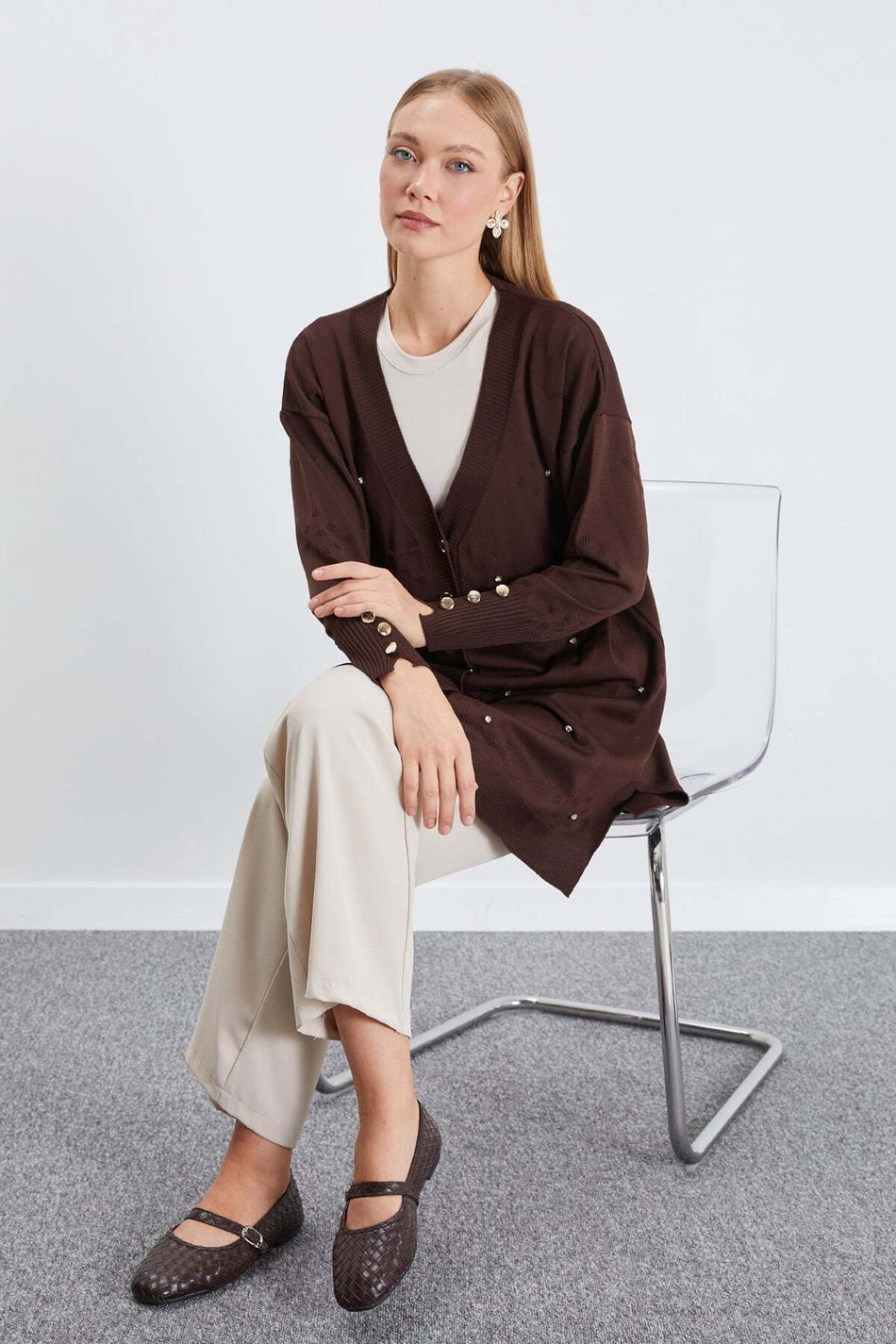 Stone Embroidered V-Neck Knitwear Cardigan - MALLTURK