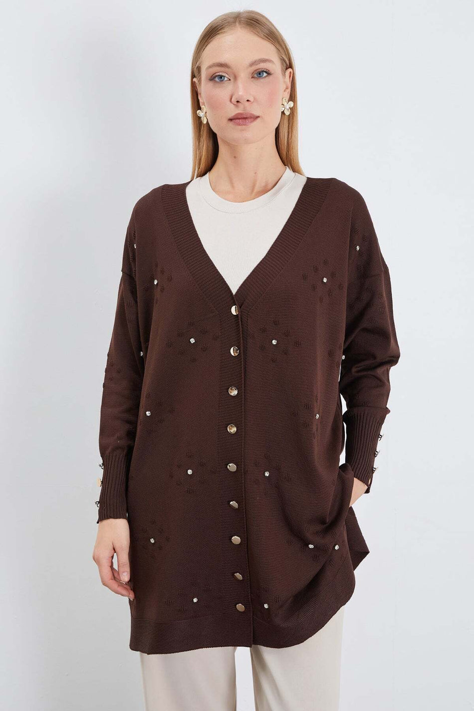 Stone Embroidered V-Neck Knitwear Cardigan - MALLTURK