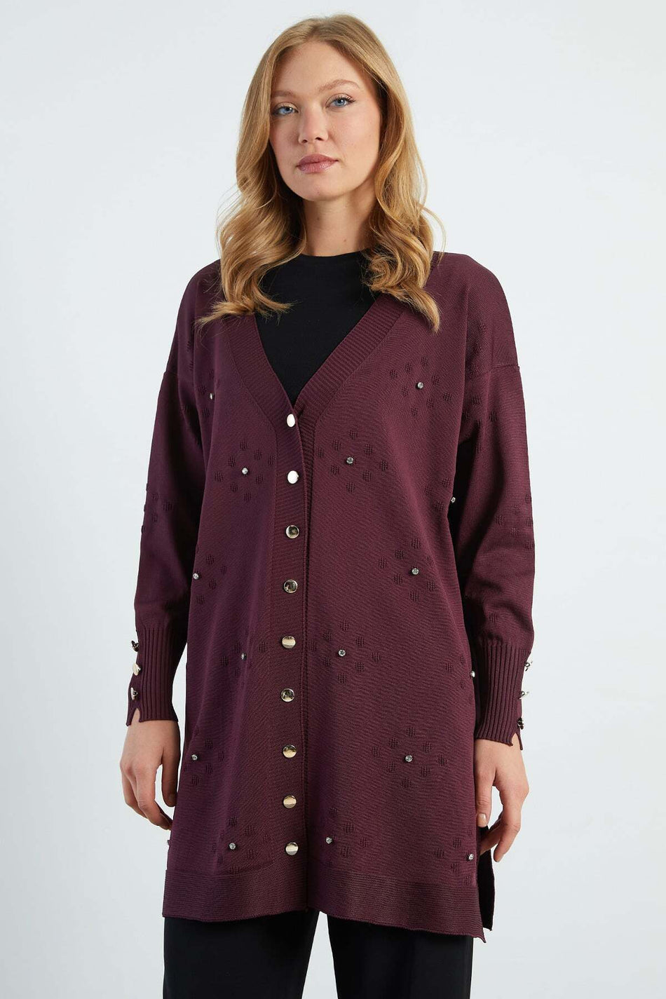 Stone Embroidered V-Neck Knitwear Cardigan - MALLTURK